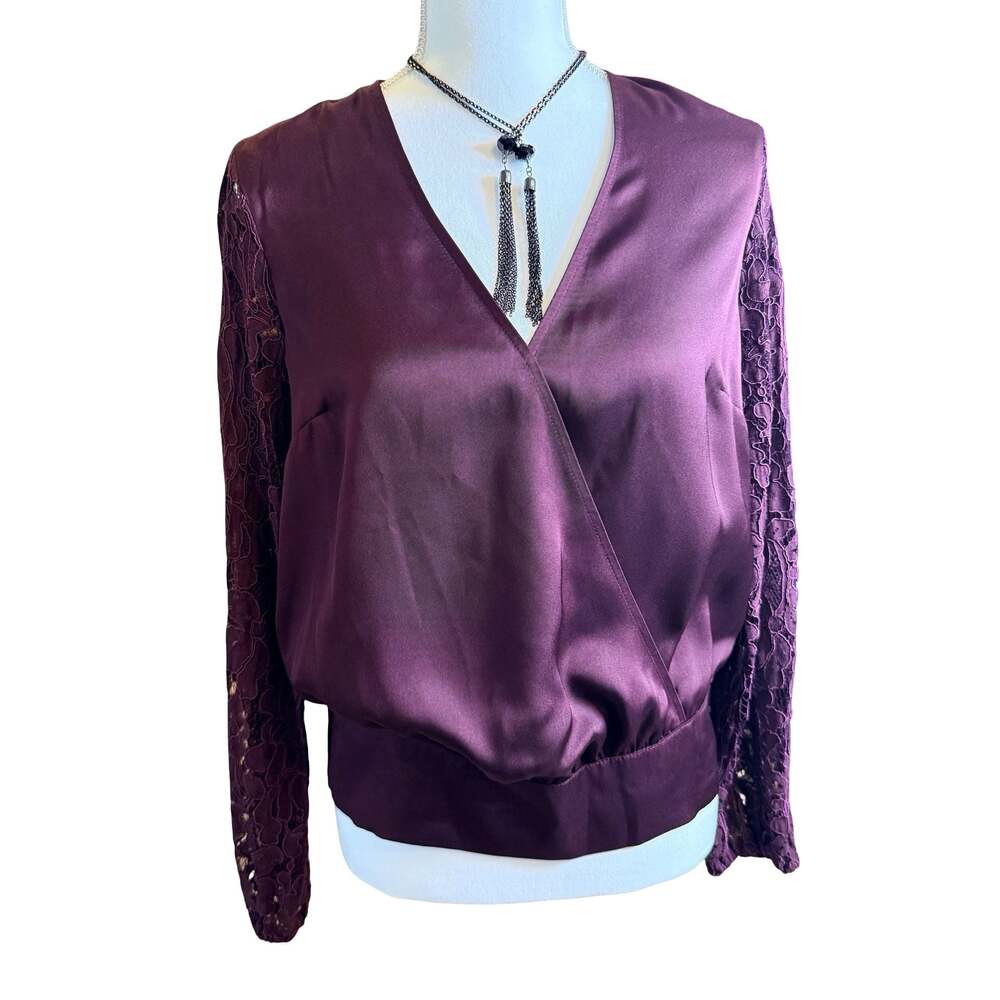 INC International Concepts Burgundy Satin Faux Wrap Blouse size M
